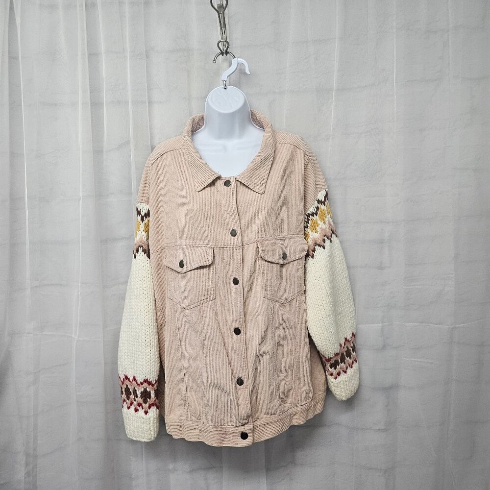 Neutral Pink Knit-Sleeve Corduroy Jacket